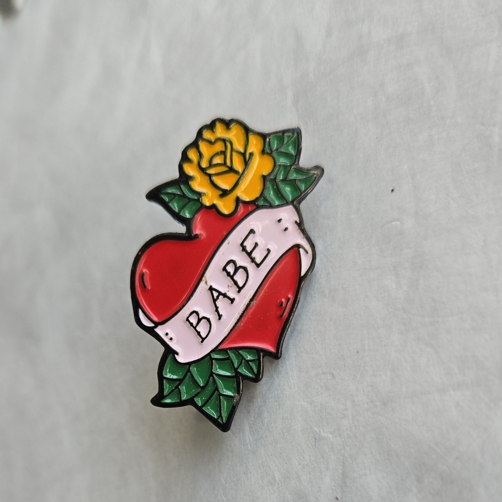 Babe Heart Flower Lapel Pin Sailor Jerry American Traditional Inspired Pinback